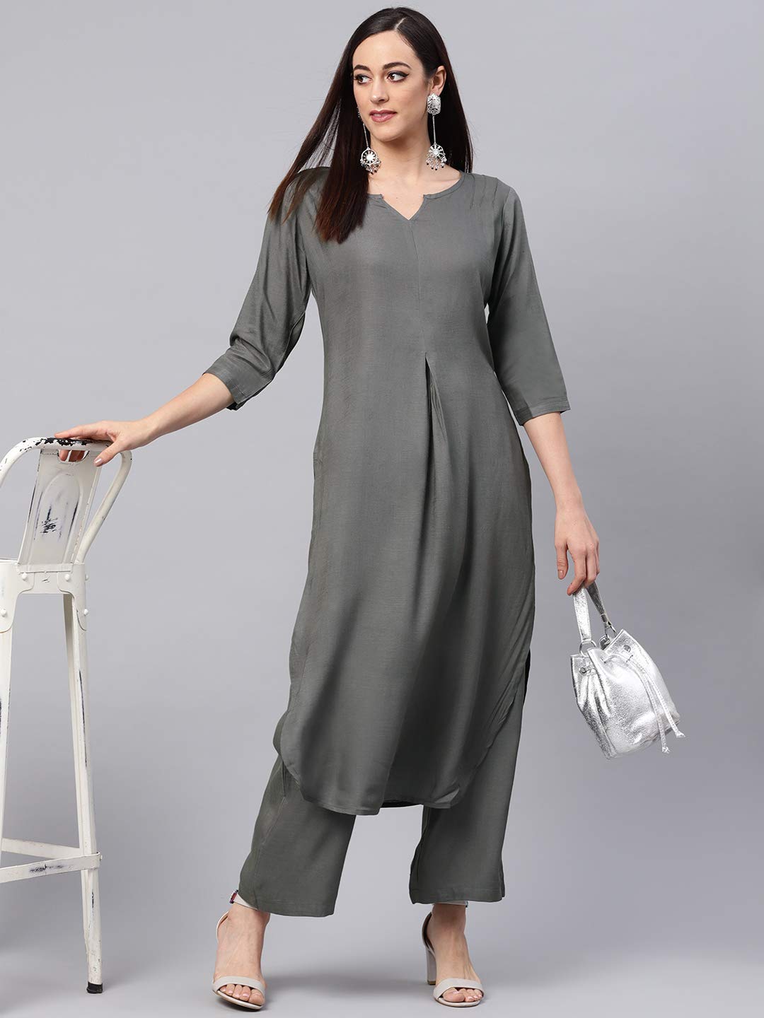 Idalia Grey Rayon Straight Solid Kurta Set For Women 3/4 Sleeve, Round V Neck Designer Kurta Set With Palazzo For Women