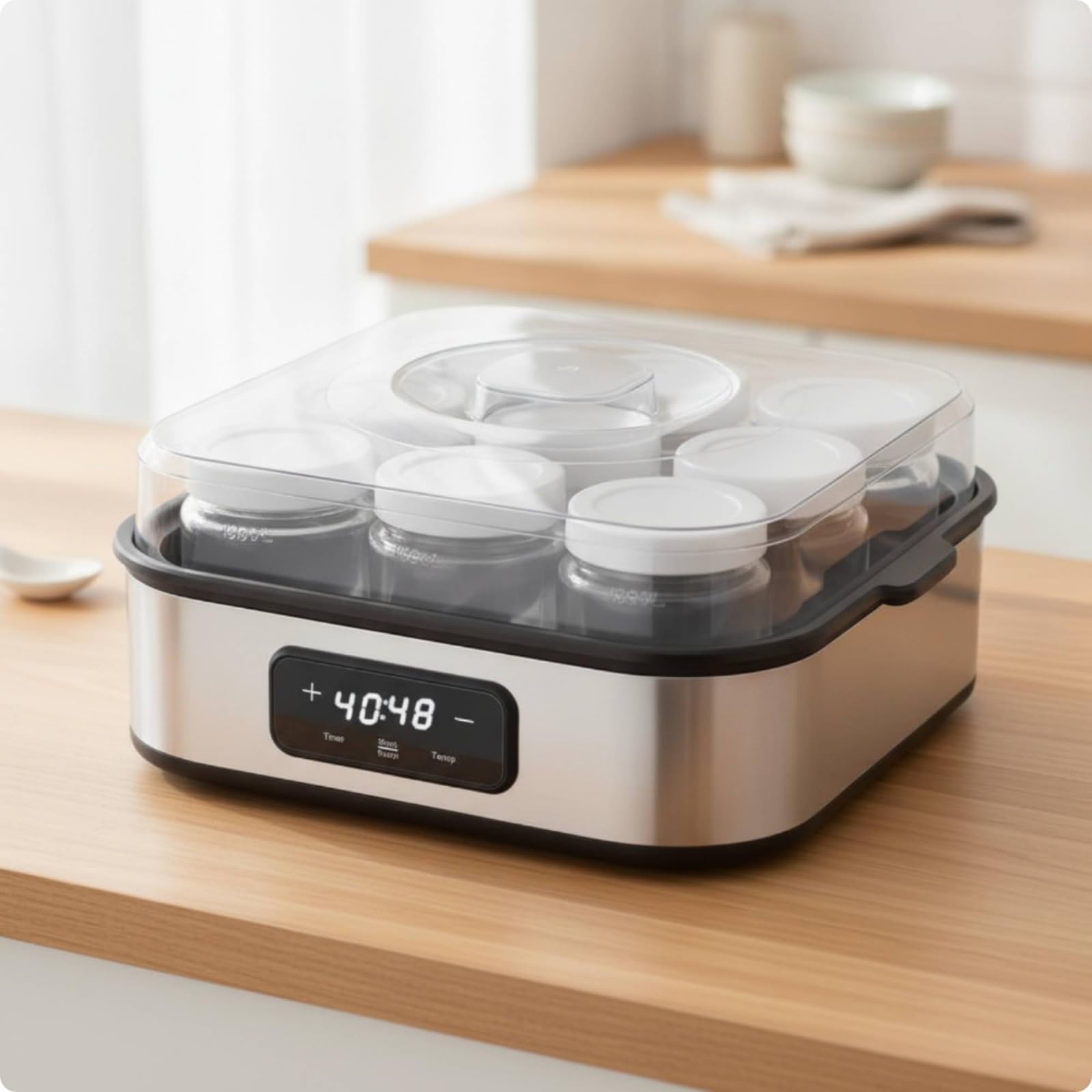 Amagogo Yogurtera Máquina de Yogur Fermentador Digital con Tarros de Cristal y Tapa Transparente Control de Temperatura y Panel Táctil Adecuada para Cocina