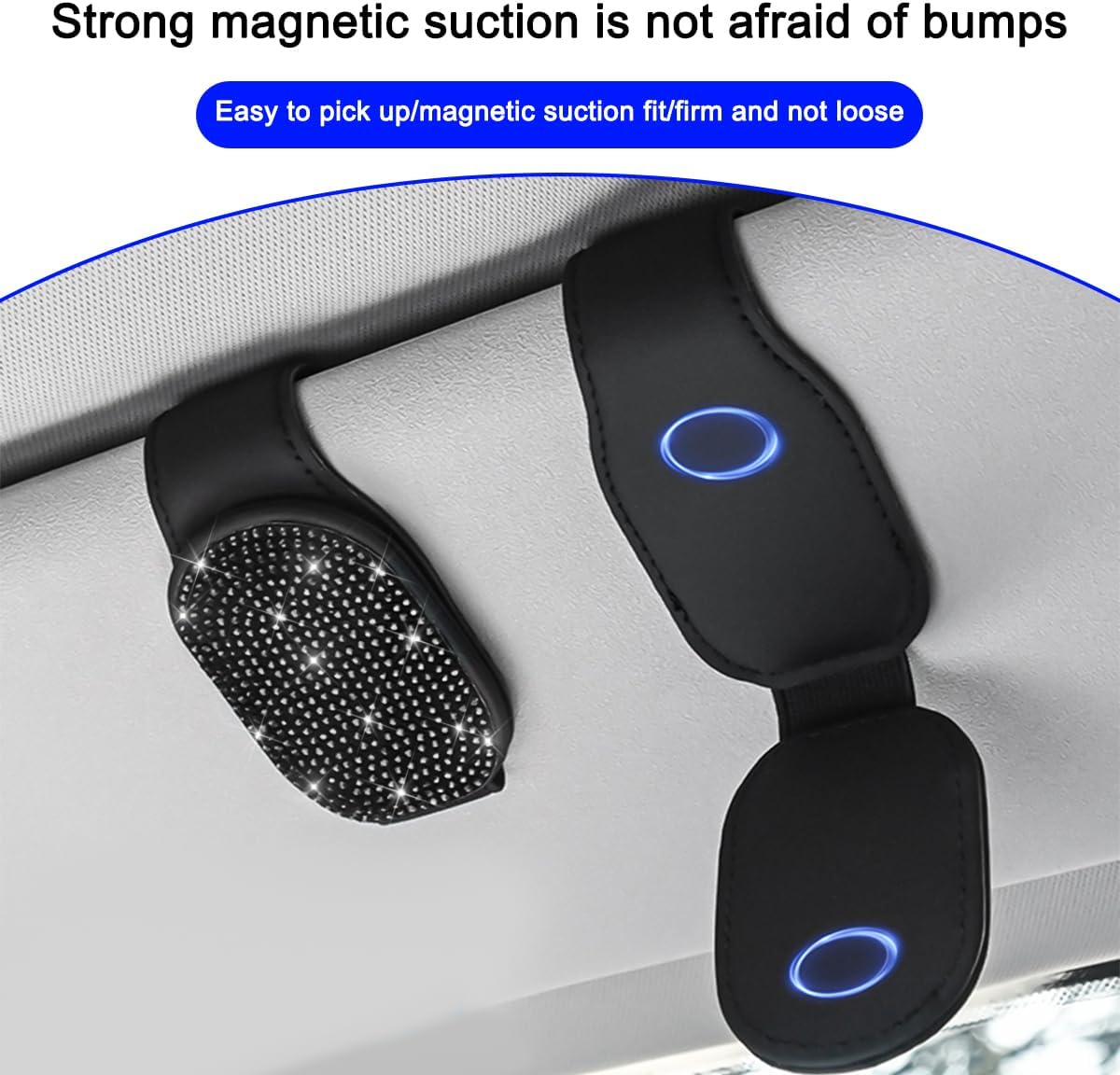 Bittwee Bling Sunglasses Holders for Car Sun Visor, Vehicle Magnetic Leather Glasses Organizer Clips, Crystal Rhinestone Auto Eyeglasses Hanger Decoration Accessories for Women Girls（Black） image 3