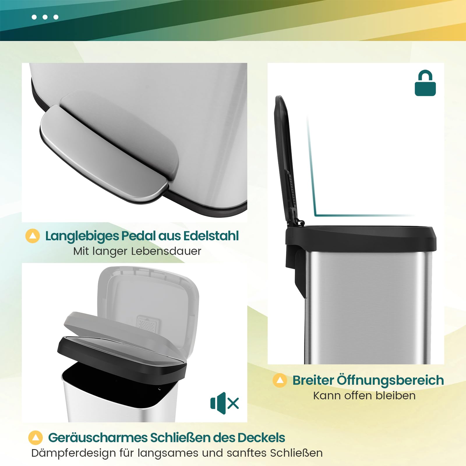 COSTWAY Mülleimer Küche, 68L Abfalleimer, Tretmülleimer mit sanft schließendem Deckel, Mülltrennsystem inkl. Desodorierungsfach, aus Edelstahl und Kunststoff (Silber)