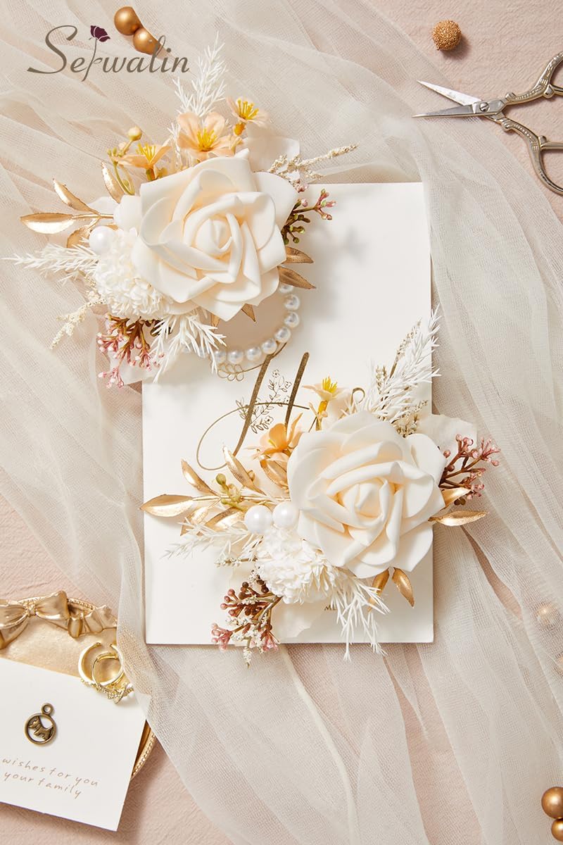 Serwalin 2 Pcs Wrist Corsage and Boutonniere Set, 6-7 Inch Champagne Corsage for Wedding, Boutonniere for Men Corsage Wristlet Prom Ceremony Anniversary Accessories Suit - Image 4