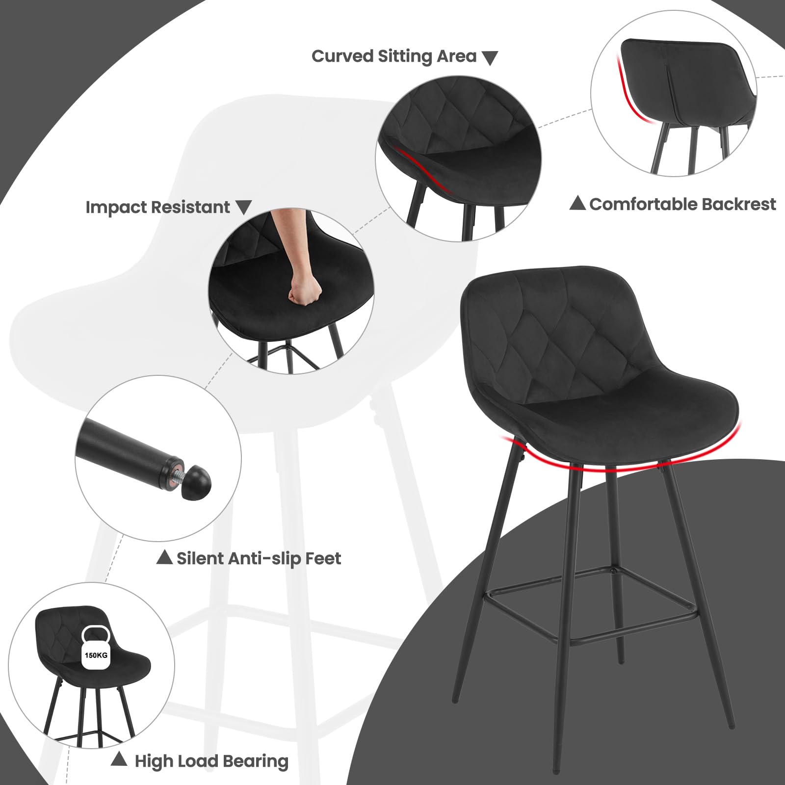EUGAD Taburetes Altos de Cocina con Respaldo, Negro | Set de 2, para Bar y Cafetería, Terciopelo