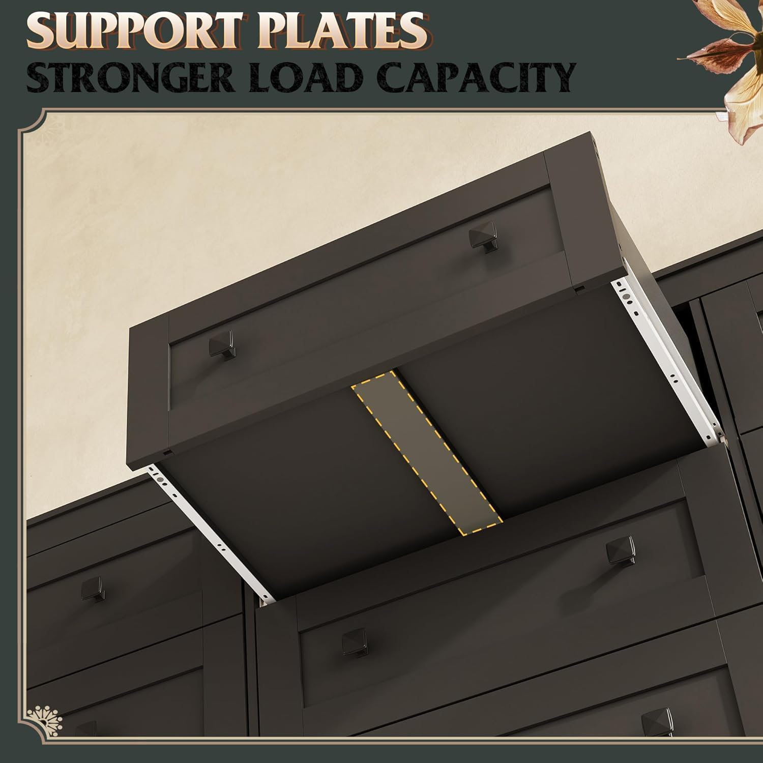 Close-up of a drawer showing the middle support plate for stronger load capacity