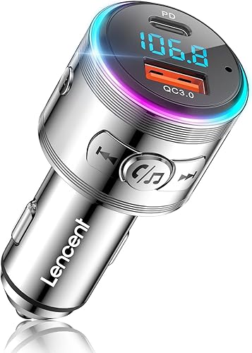 LENCENT Adaptador Bluetooth para automóvil, transmisor FM Bluetooth 5.3 de metal completo con música de alta fidelidad, llamadas claras, cargador