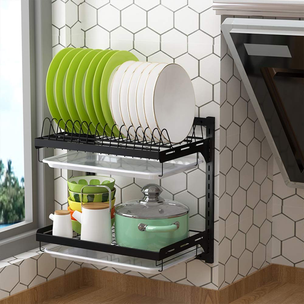 Axdwfd Schweberegale Edelstahl-Küche-Zahnstange, hängende Wand Haushaltsgeschirr Storage Rack Abtropfbrett Hängewandablauf Gestell (Size : 2-Tier)