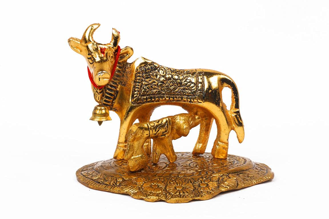 KAC Designs Kamdhenu gaiyya-bachhda/ Cow-Calf Metal Idol in Golden Color, 10 x 11 x 8
