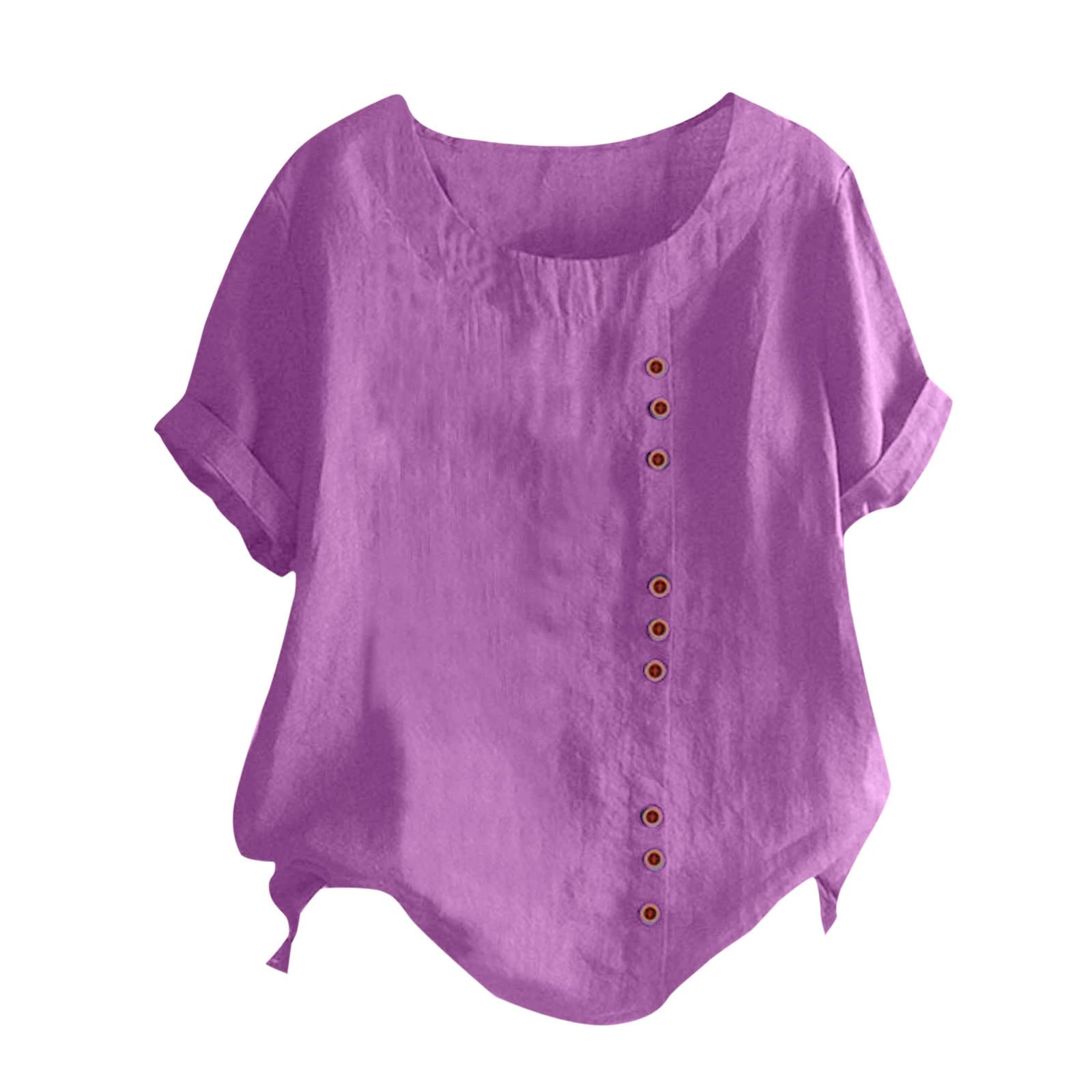OBiQuzz Blusa de lino para mujer, blusa elegante para mujer, manga corta, de algodón, monocolor, blusas de lino, camisas de verano, túnica con flores, camiseta básica, túnica, camiseta larga