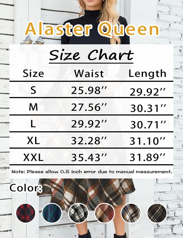Alaster Queen Gonna lunga da donna, a quadri, con tasche invernali, vita alta elastica