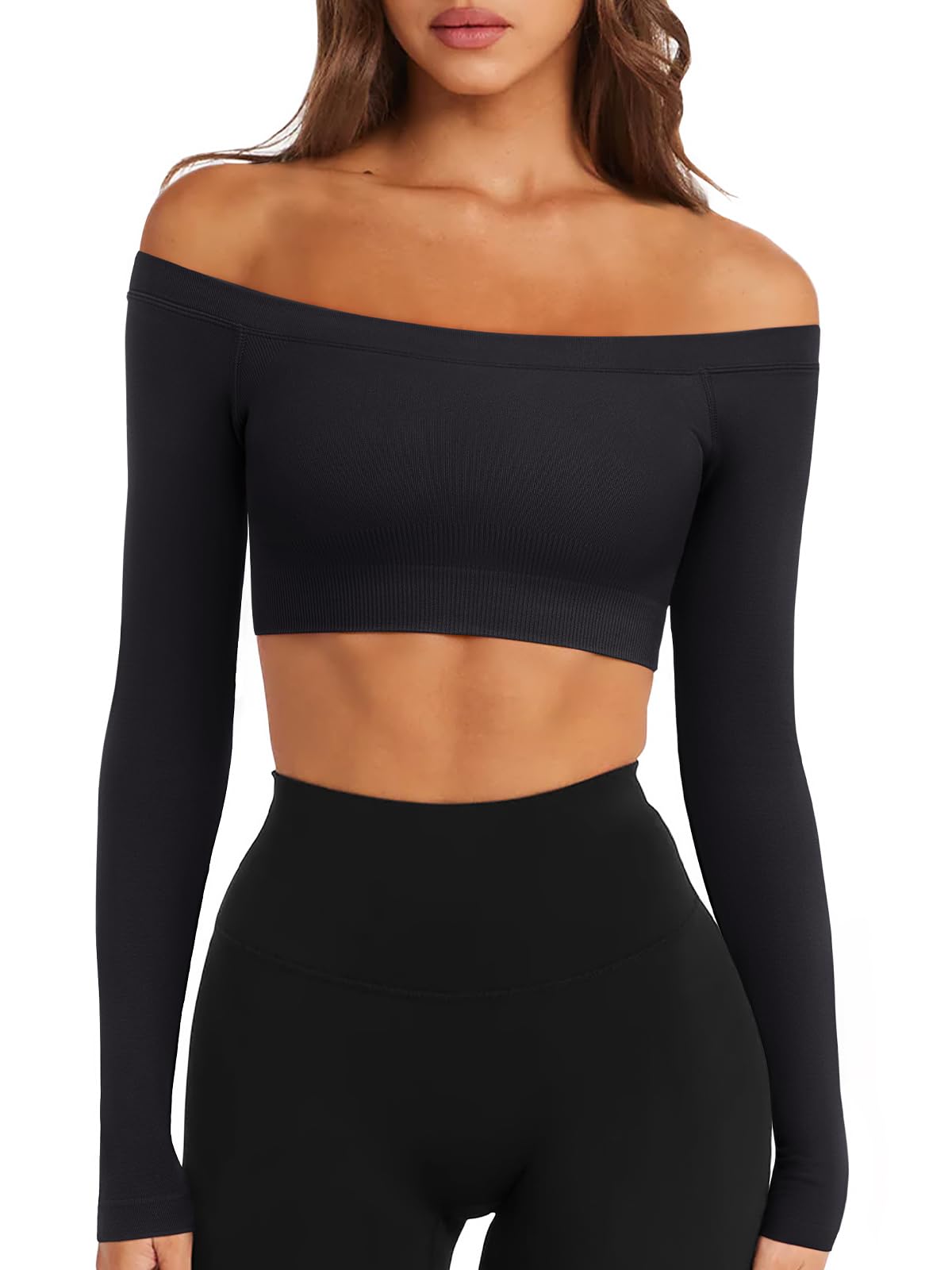 LASLULU Womens Off The Shoulder Tops Seamless Long Sleeve Workout Crop Top Sexy Gym Yoga Going Out Tops