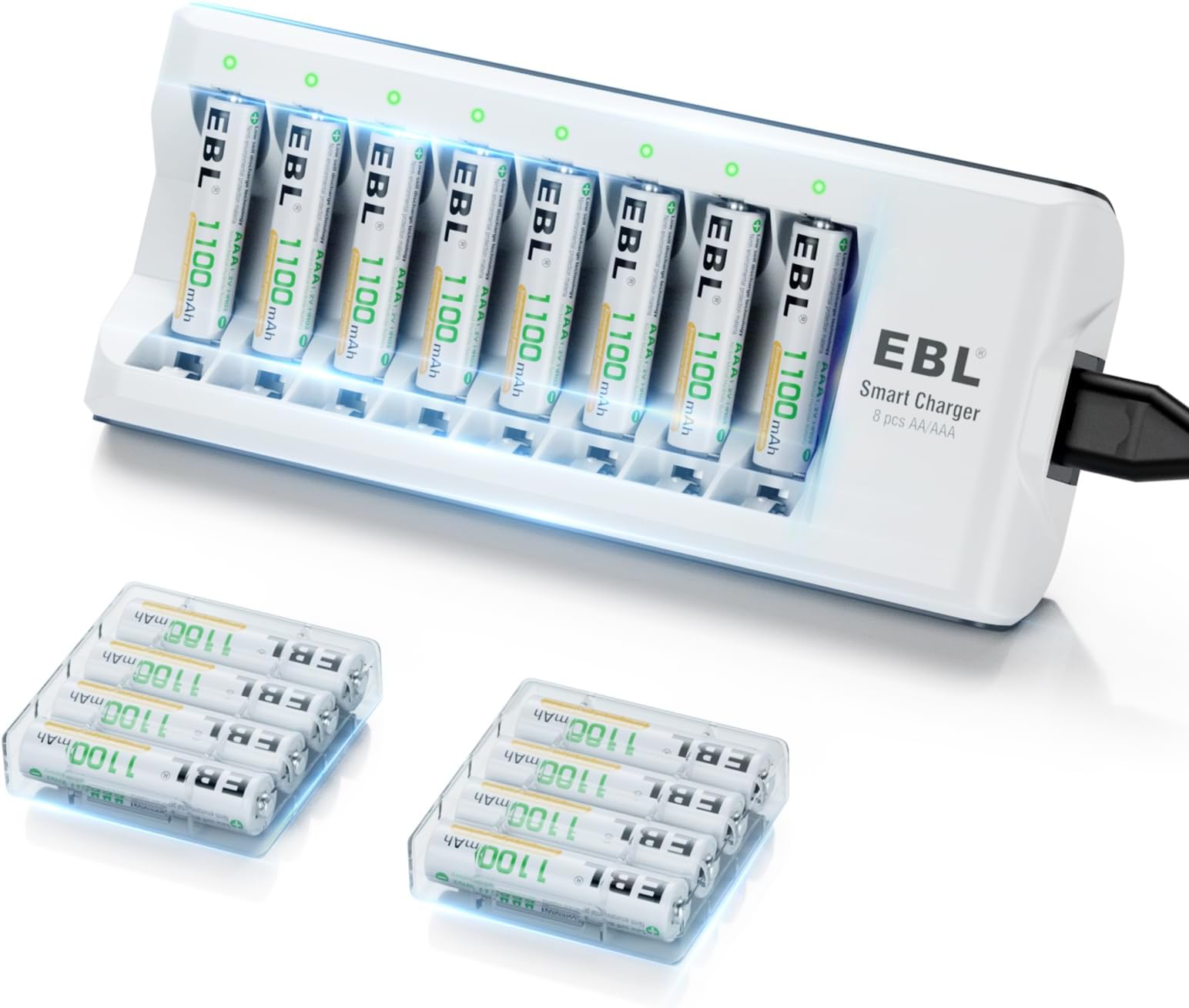 8-Slot Independent Battery Charger AA AAA for Ni-MH Ni-CD Rechargeable Batteries (1100mAh 16AAA+Charger)