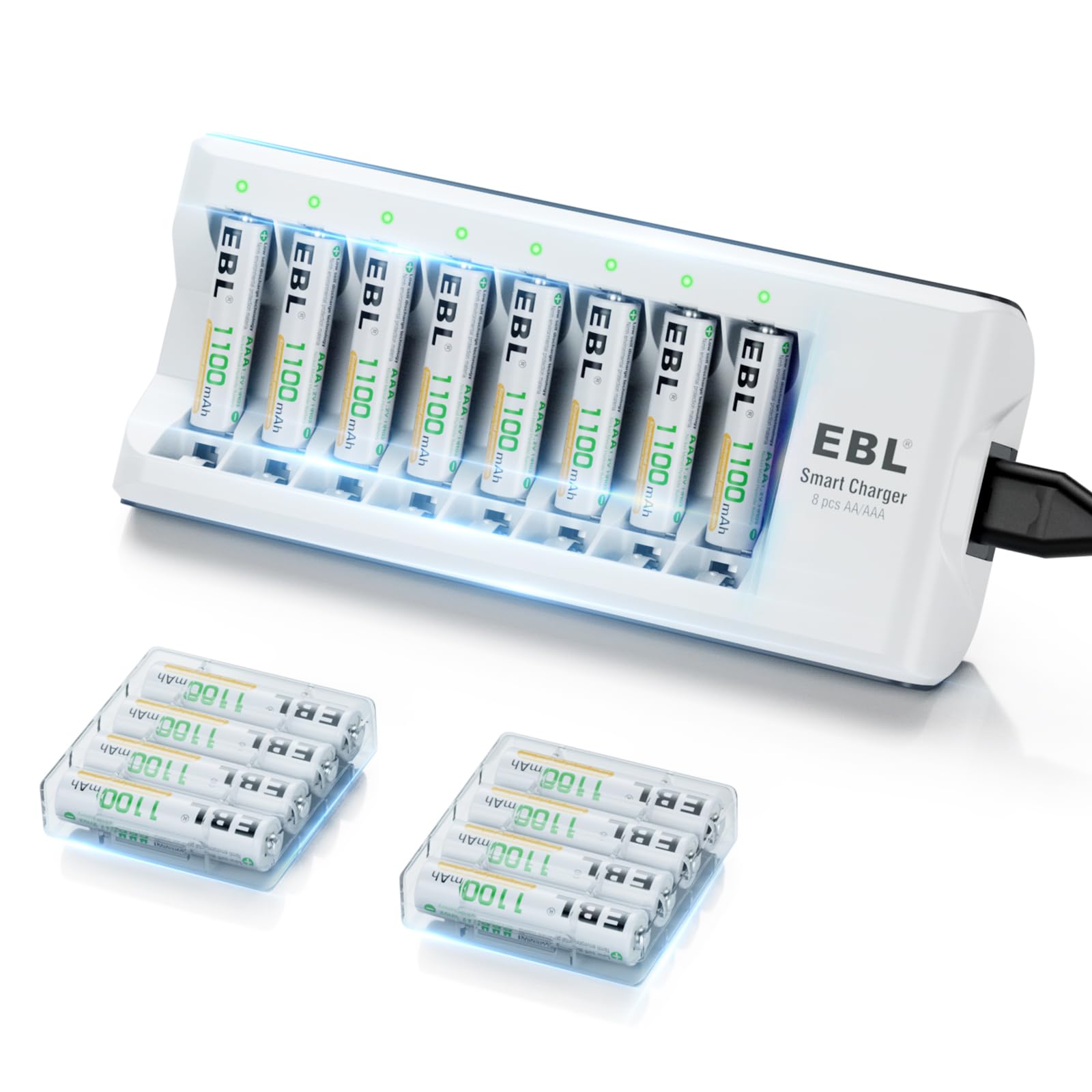 8-Slot Independent Battery Charger AA AAA for Ni-MH Ni-CD Rechargeable Batteries (1100mAh 16AAA+Charger)