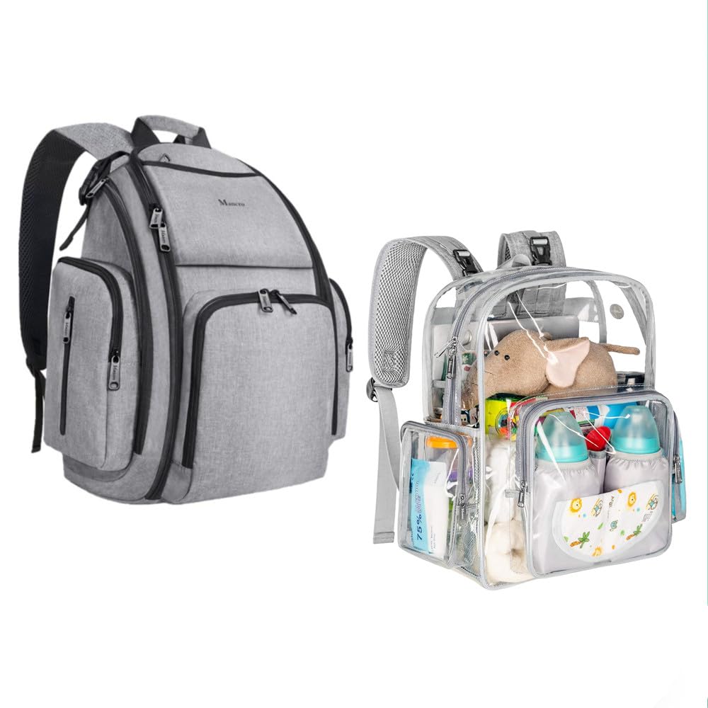Mancro Diaper Bag Backpack, Clear Heavy Duty Transparent Backpacks Stadium Approved Baby Bag for Dad, Multifunction Large Travel Backpack Maternity Baby Nappy Changing Bags