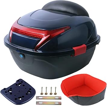 30L Motorcycle Top Box with Soft Backrest, Scooter Trunk Luggage Top Lock Storage Carrier Case, Moped/Scooter Tail Box with Hardware and Lining,Blue