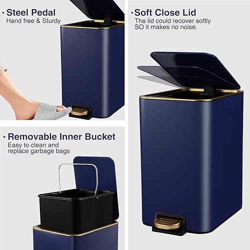 Miniatura 9 de Cubo de basura pequeño para baño con tapa de cierre suave, cubo de basura de acero inoxidable de 10 litros2.6 galones con cubo interior extraíble,