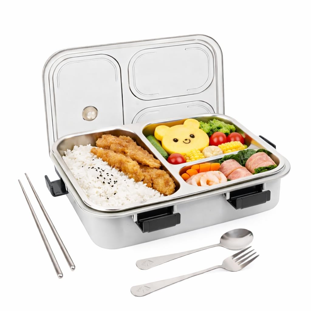Brand Conquer Lunch Box Leak-Proof BPA Free Stainless Steel for School, Lunch Box for School & Office with a Fork, a Spoon and a Pair of Chopsticks (Grey, 3 Compartment)-image-12