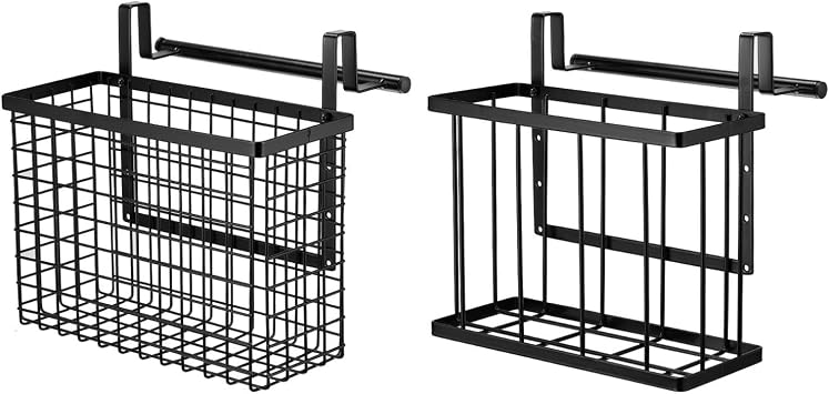 Uxcell 2 Pack Cabinet Door Organizer with Towel Bar, Metal Wire Baskets with Hooks, Over Cabinet Door Organizer for Kitchen, Pantry, Bathroom Storage, Black