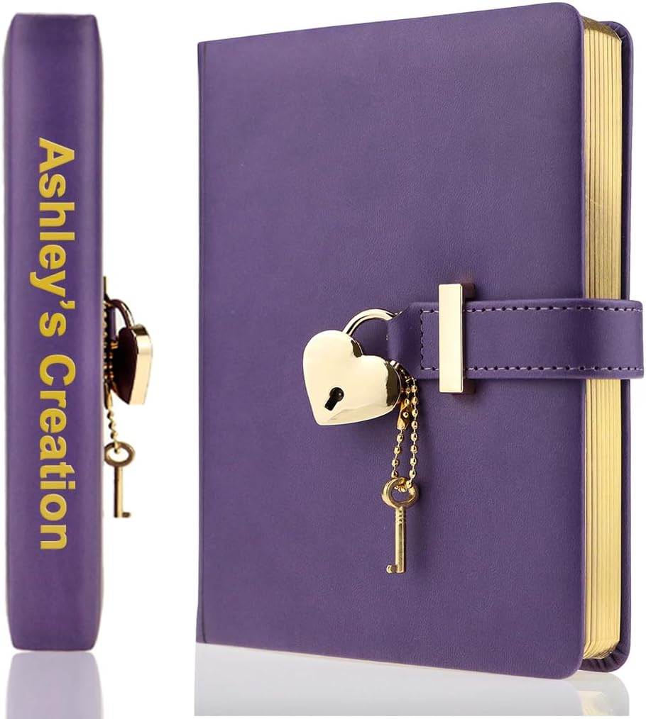 Personalized Heart Shaped Lock Journal, Custom PU Leather Hard Cover Gold Gild Edge Notebook Travel Diary, B6 Lined Locking with Key Personal Planner Secret Organizers Gift for Girls Women Daughter