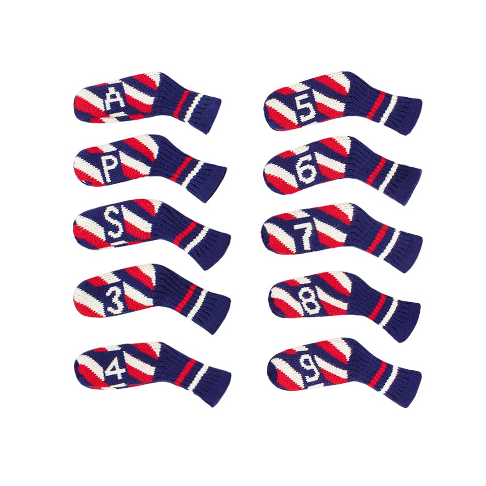 Scott Edward 10 Pcs Golf Iron Club Covers Head Covers for Irons Cuteness Basically Socks Shape Washable Golf Club Head Protector Double Sided Knit Suitable for Most Brands (Tricolor Stripe) — image 1