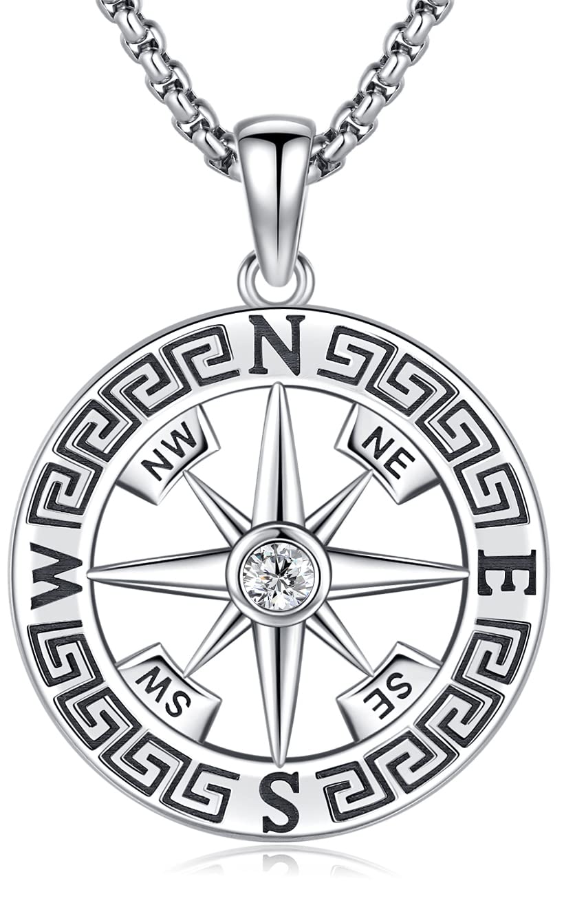 Friggem Compass Necklace 925 Sterling Silver Compass Pendant Amulet Jewellery Graduation Gift for Men Women, Sterling Silver, Zircon