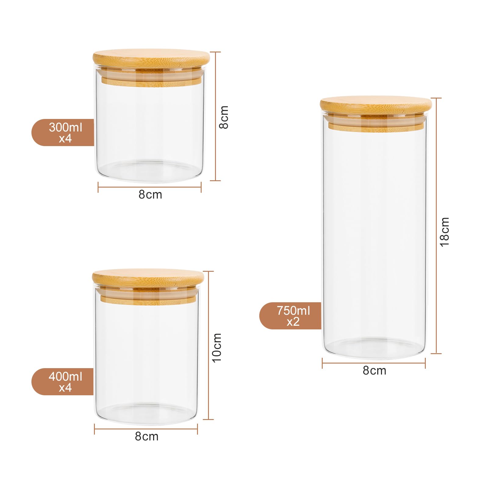 Cinnani Bocaux en Verre Lot de 10, Rangement Cuisine Avec Couvercle en Bois et Rondelle, Hermétique Pour Céréales, Cornflakes, Sucre, Spaghetti