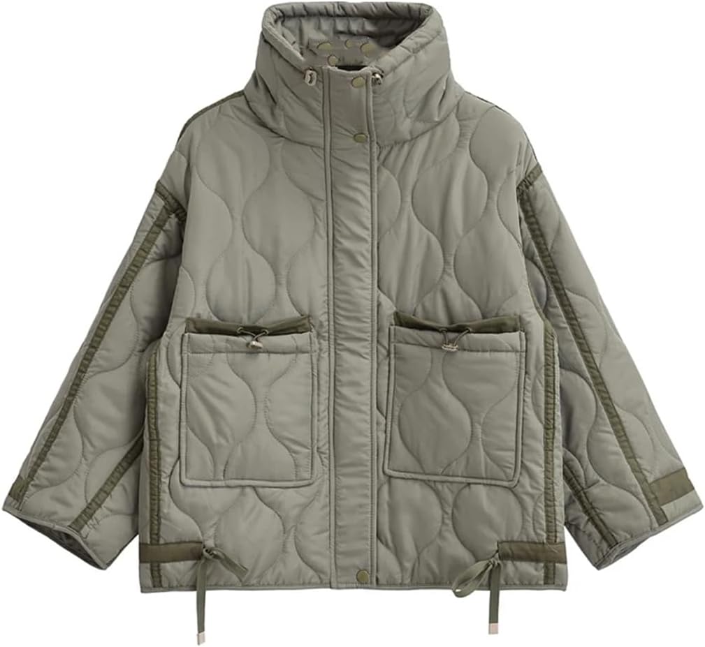 Disimlarl Women's Padded Jacket Women Vintage Stand Neck Pocket Zipper Casual Female Outerwear