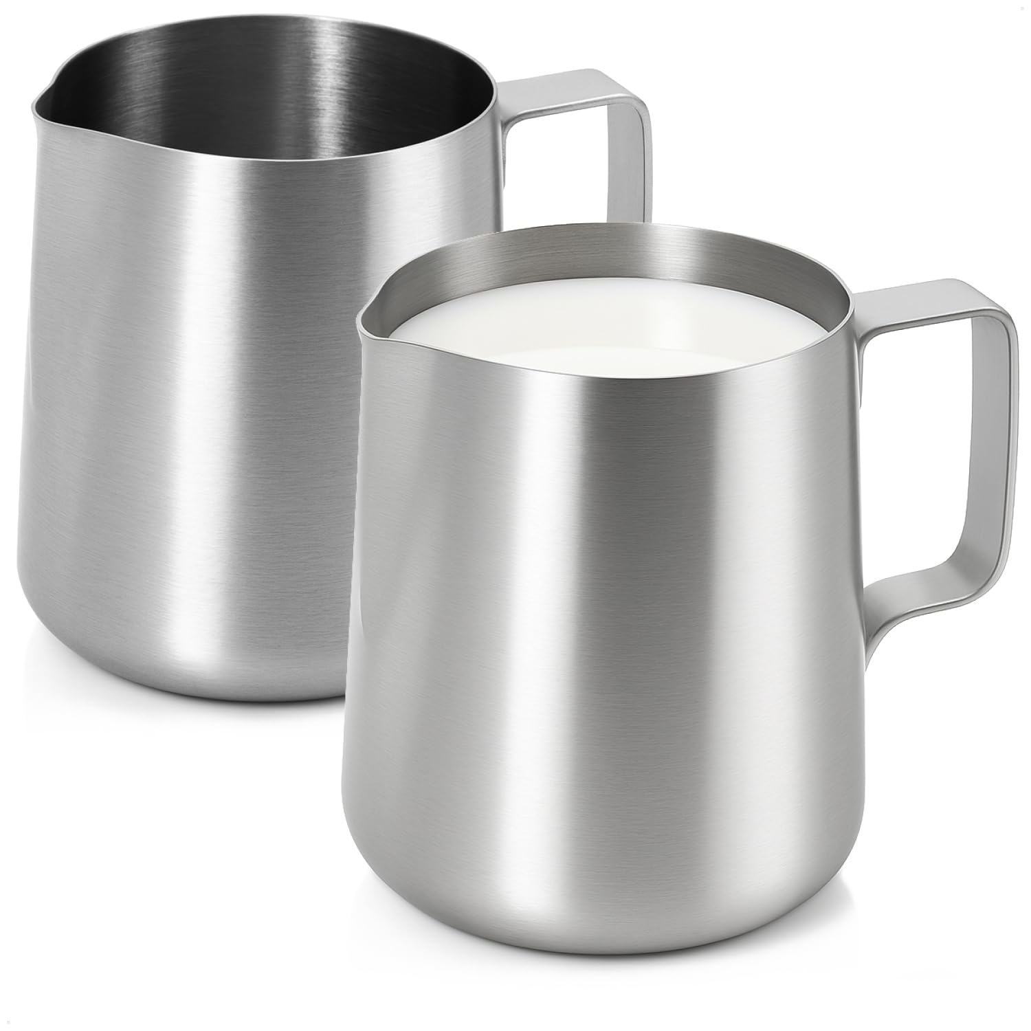 com-four® 2x dzbanek na mleko stal nierdzewna 380 ml – stabilny z uchwytem – dzbanuszek do spieniania mleka, smietanki & sosów – trwaly & zmywarkowy (2x srebro - 380ml)