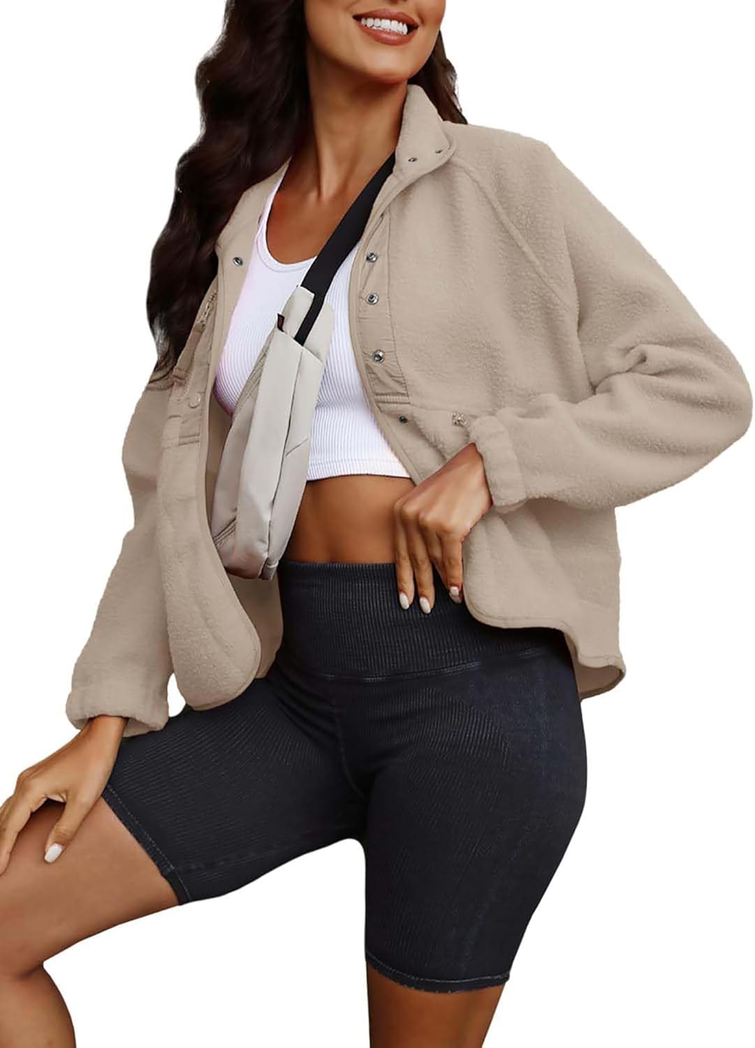 ReachMe Womens Sherpa Jacket Casual Lapel Button Down Cropped Fuzzy Fleece Jackets Long Sleeve Winter Coats with Pockets