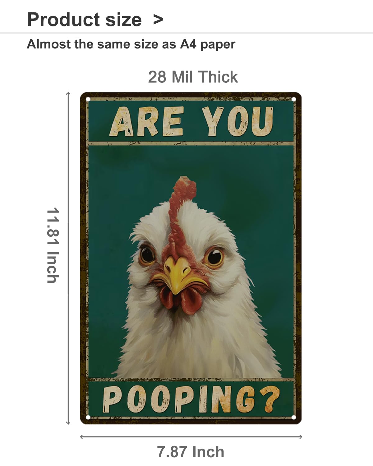 ALKB Cartel de metal con texto en inglés "Chicken Are You Pooping" para decoración de baño, 20,3 x 30,5 cm | Divertido diseño de gallo de granja para el humor del baño