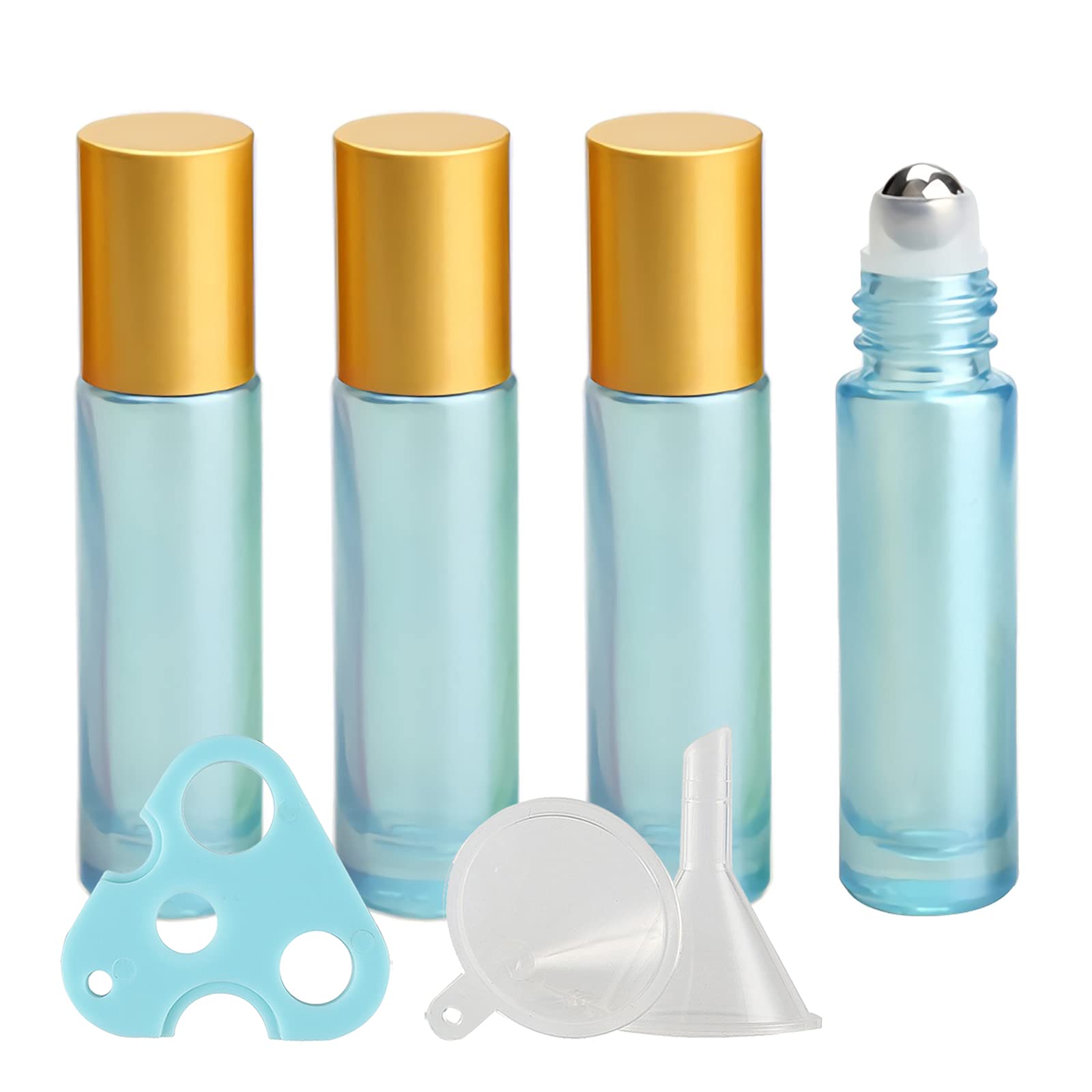 Lot de 4, Flacons à Bille pour Huiles Essentielles 10ml – Bouteilles Roll-on en Verre Bleu avec Couvercle Or avec Rouleau en Acier Inoxydable (1 décapsuleur et 1 entonnoir)