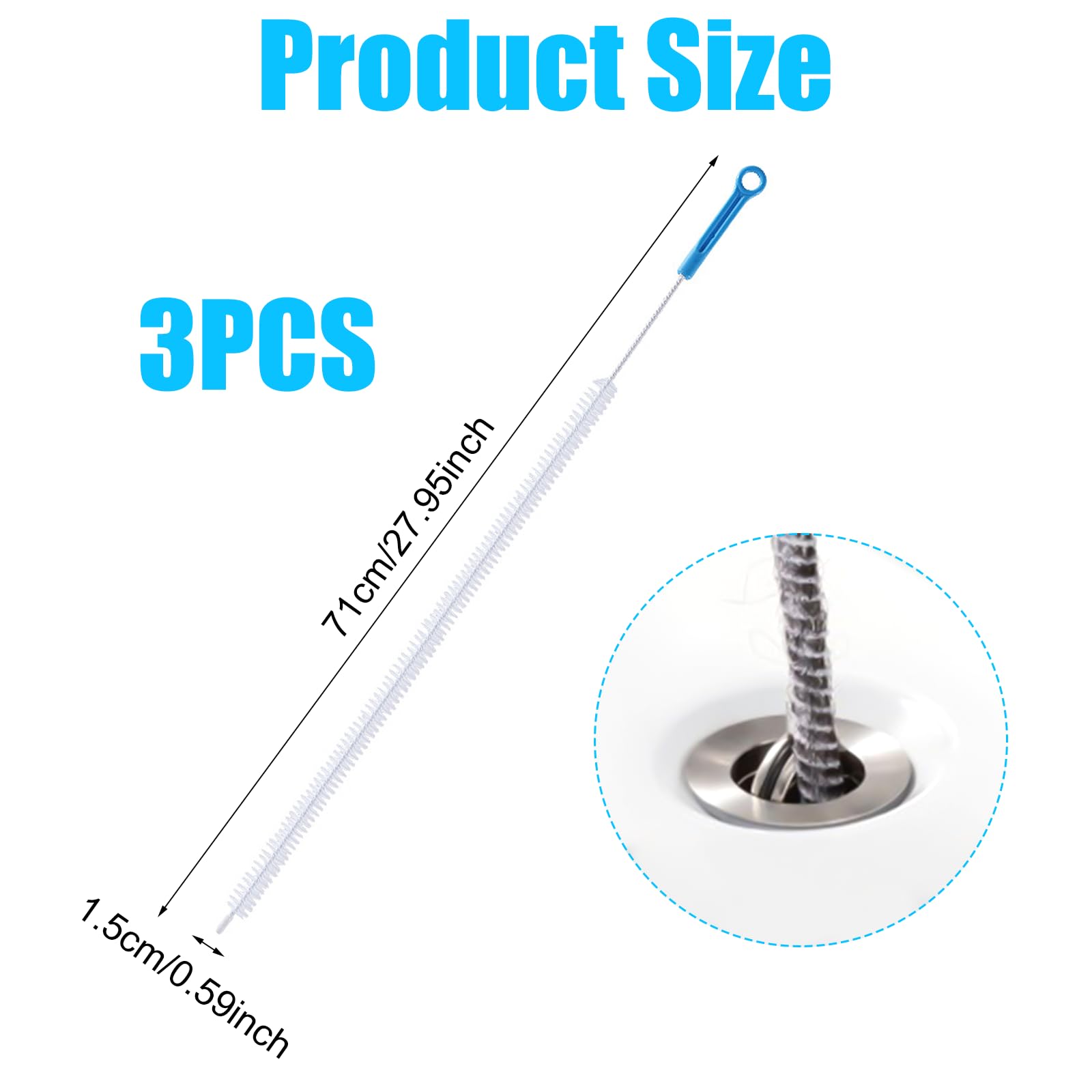 3 Piezas Cepillo de Limpieza para Desagüe, 71 cm Cepillo Flexible para Limpiar Desagües, Herramienta de Drenaje para Eliminar Pelos y Desatascar, Cepillos para Tuberías, para Cocina, Fregadero y baño