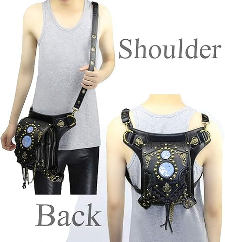 Miniatura 5 de Riñonera gótica de cuero steampunk con cadena bolsa cruzada para el hombro bolsa de cadera Negro -