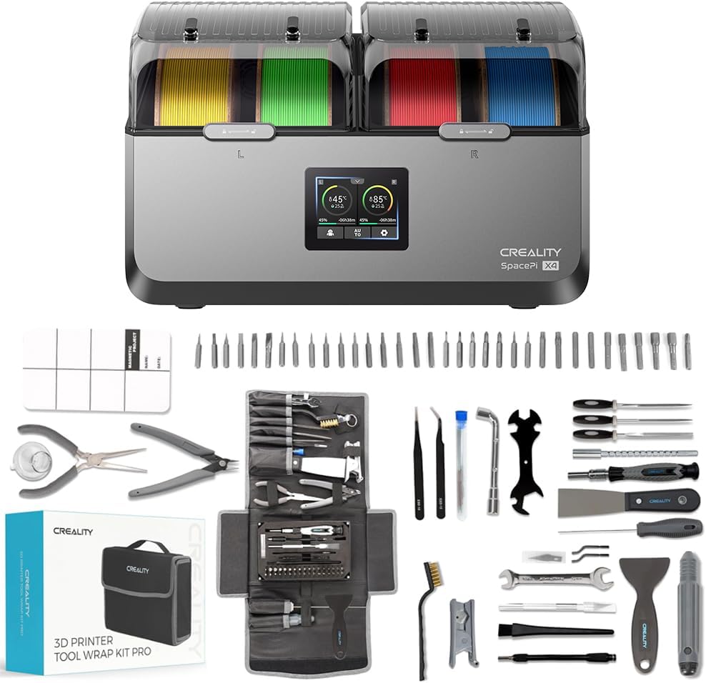 Creality Filament Dryer 4 Spools, Space Pi X4 Filament Storage Box with 3D Print Tools Warp Kit 74PCS