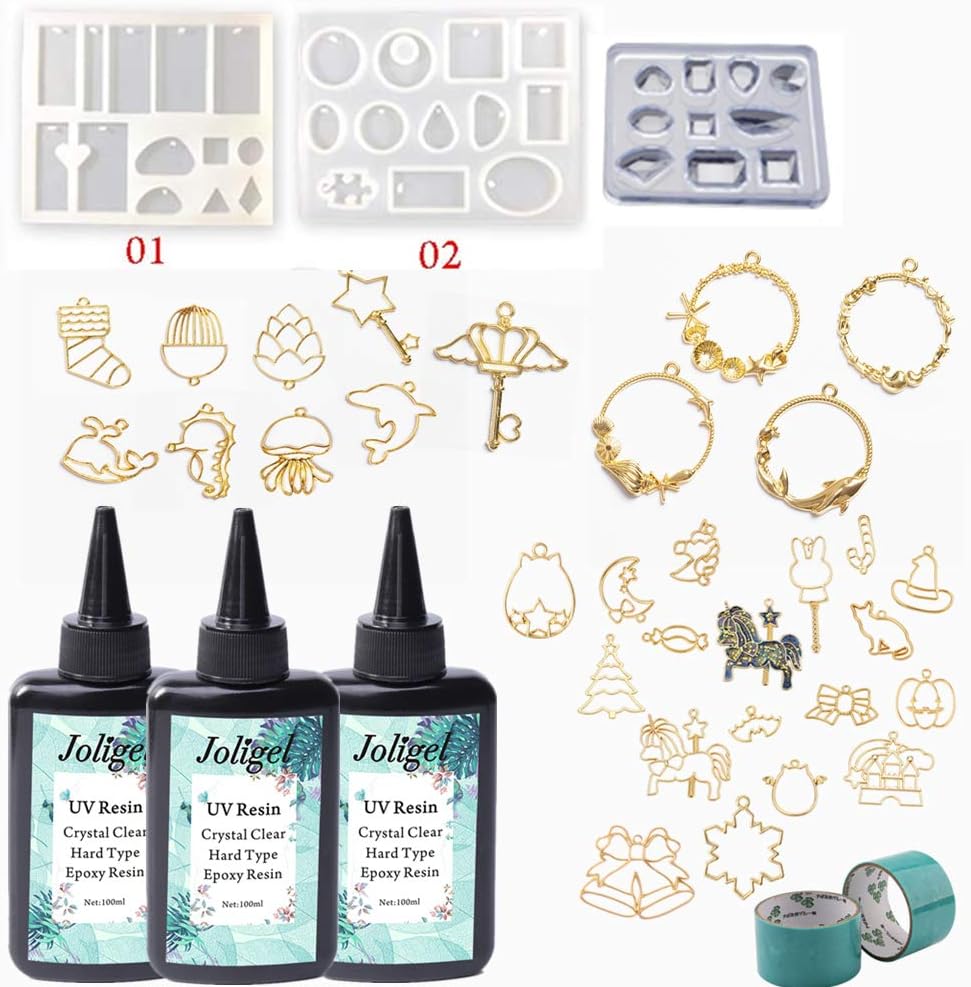300ml Crystal Clear UV Epoxy Resin with 30 Open Back Bezels + 3 Silicone Molds with 35 Shapes for Jewelry Making with 2 Tapes | DIY Pendants Necklaces Drop Earrings Keychains Brooches with Resin