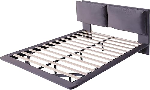 Miniatura 103 de Cama de plataforma flotante tamaño Queen con sensor de luz y cabecero, marco de cama moderno tapizado de terciopelo suave, no necesita somier