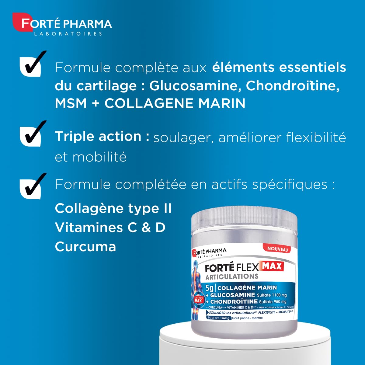 Forté Pharma - Forté Flex Max Articulations - Flexibilité, Mobilité - Collagène type I et II - Curcuma, MSM, Glucosamine - 1 cuill./jour, 20 jours