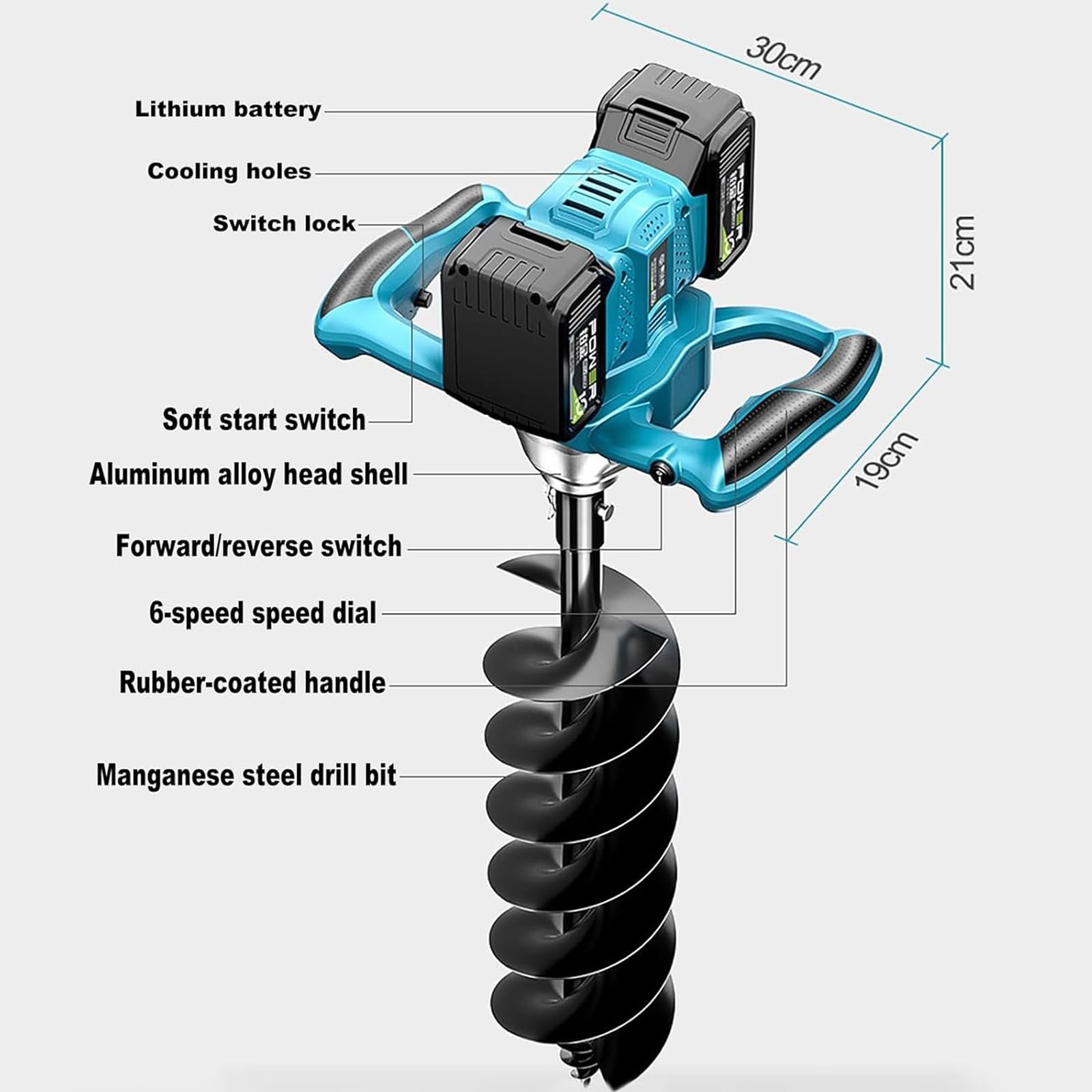 Excavadora eléctrica inalámbrica para postes con potencia de 1200 W, 2 baterías, par de torsión de 1200 Nm, control de 6 velocidades y función de marcha atrás para valla, plantación y jardinería