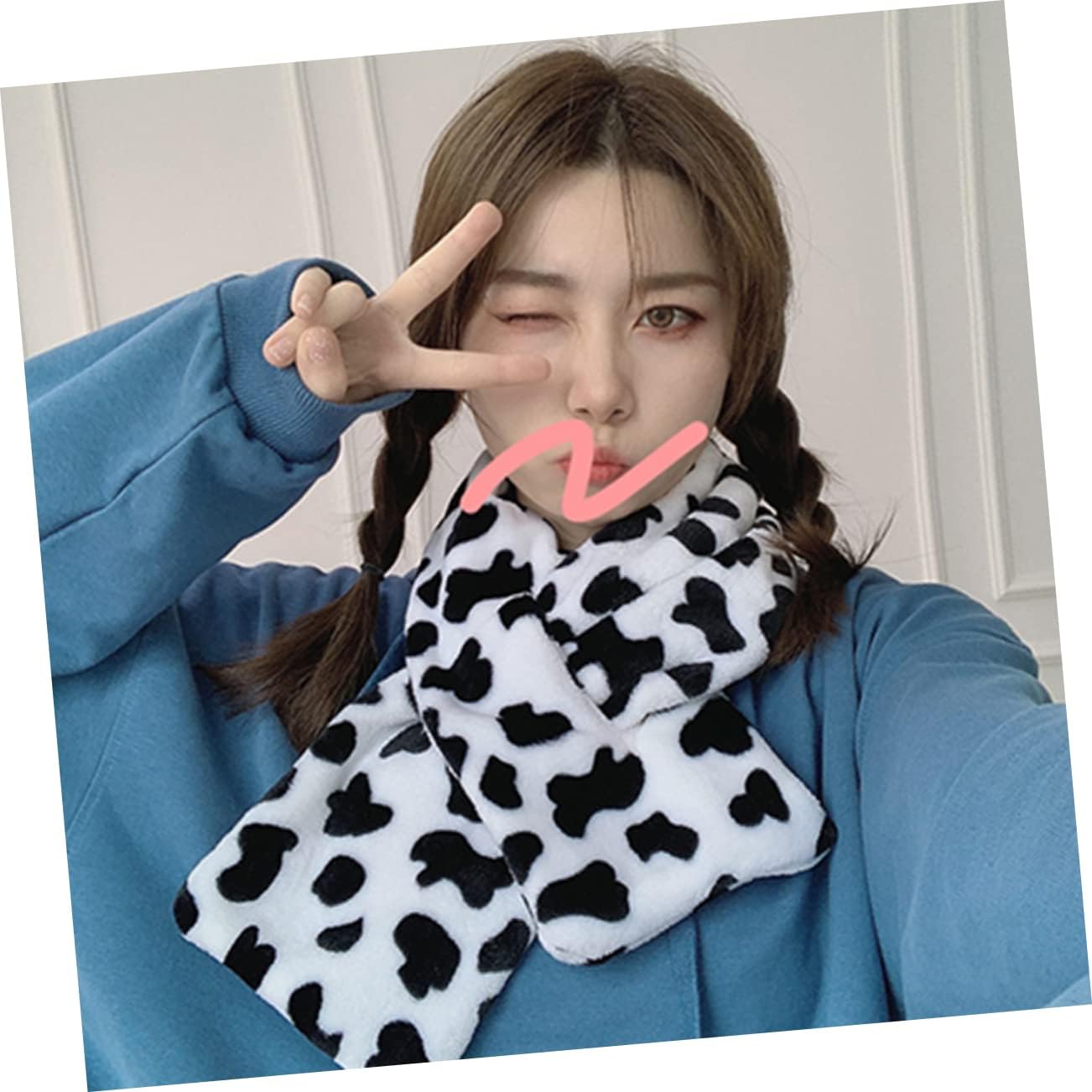 Stylish Cow Spotted Cross Scarf for Girls Warm Neck Warmer Neckerchief Adorable Furry Design for Winter Comfortable and Easy