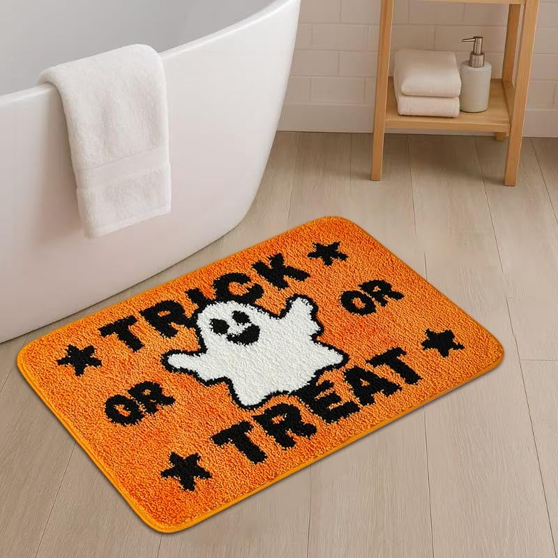 Bonita alfombra de baño naranja de Halloween de 20 x 32 pulgadas, tapete de baño fantasma, tapete antideslizante para baño, cocina, tapete suave y
