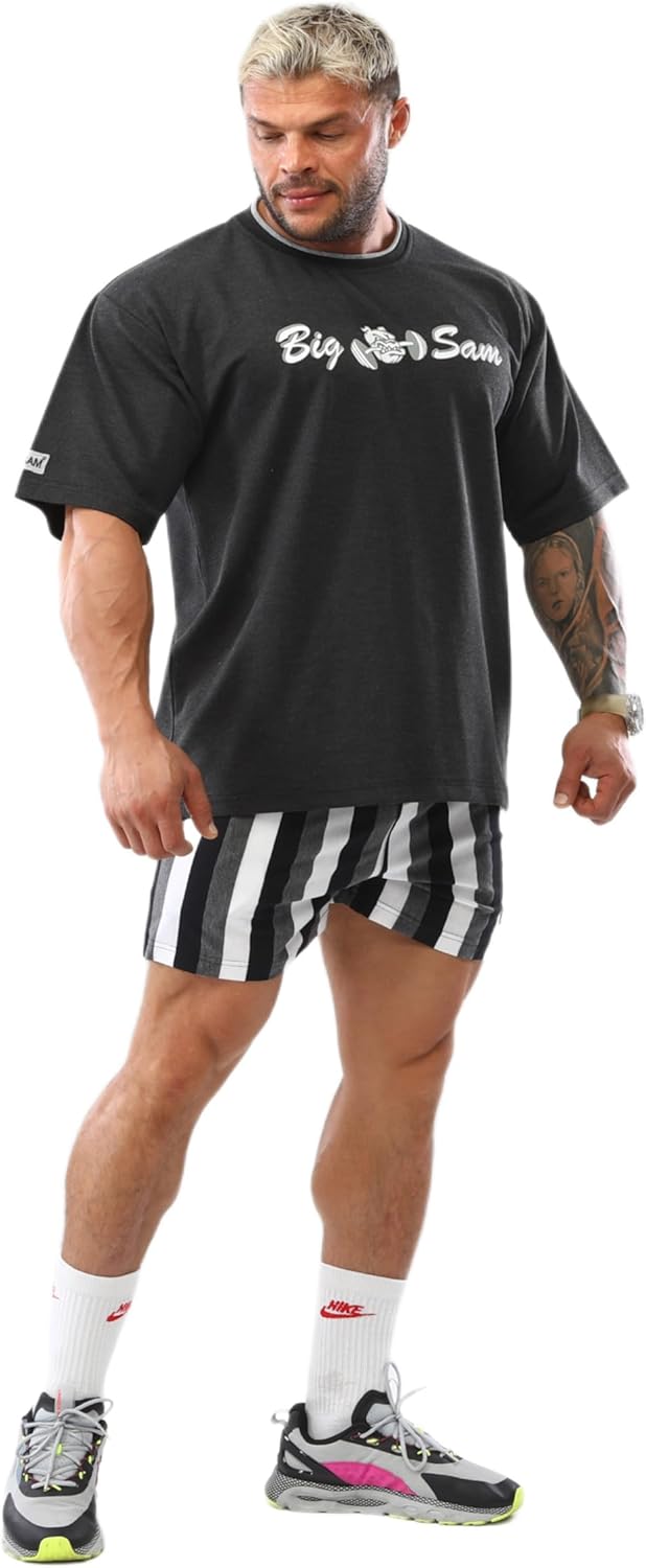 BGSM Men's Gym Shorts, Striped, 100% Cotton, Lace Up, Lightweight Fitness Training Shorts