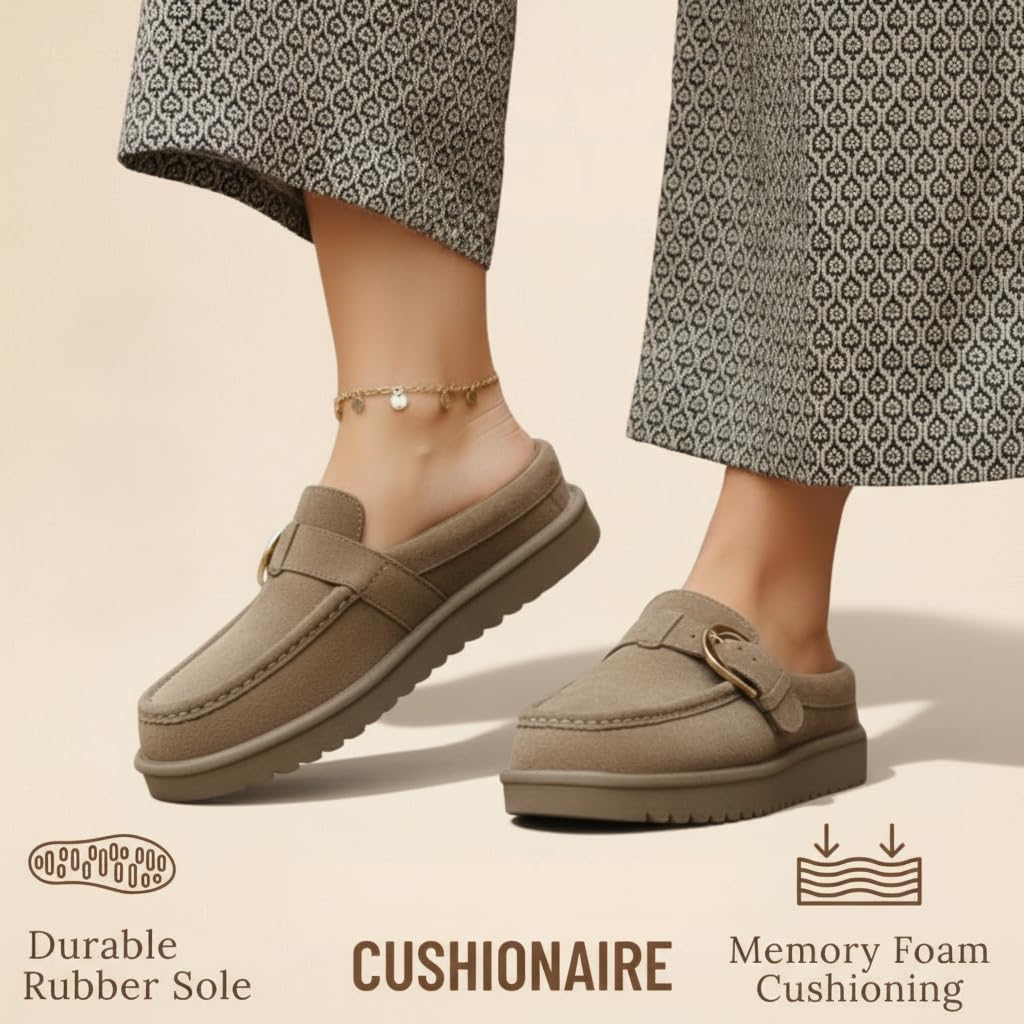 CUSHIONAIRE Origin Genuine Suede Mule Clogs for Women, Cozy Slip-On Moc Toe Loafer with Buckle and Faux Fur Cushioned Footbed - Image 8