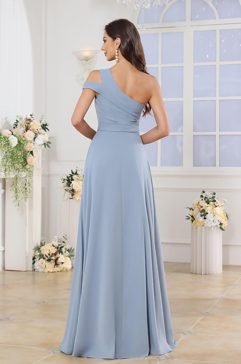 PAVERJER One Shoulder Bridesmaid Dresses Long for Women Ruched Ruffles Chiffon Formal Dress with Slit