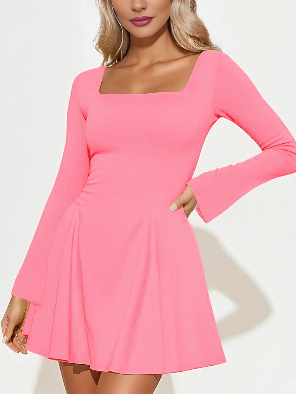 WISFRUIT Women's Sexy Square Neck Mini Dress Long Sleeve Ruffle Hem Bodycon Party Club Short Dresses - Image 3