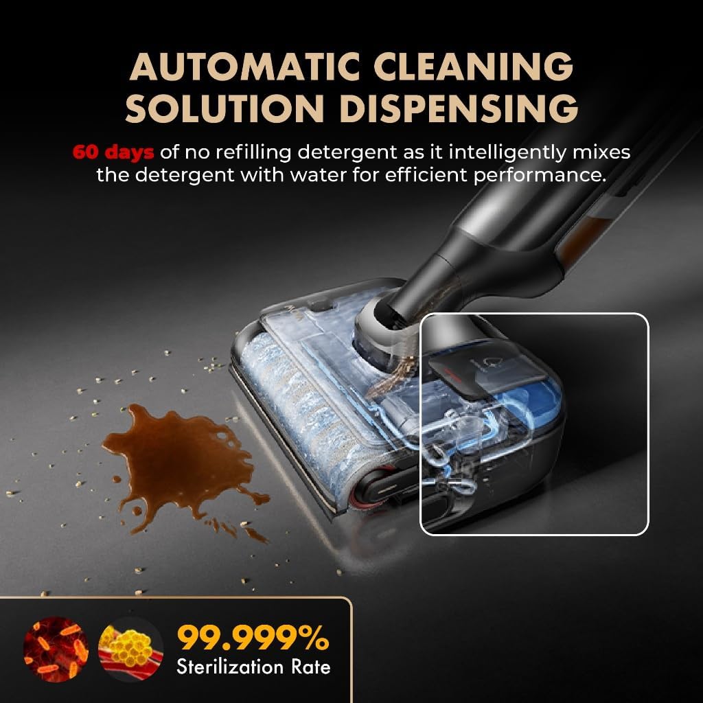 Diagram showing the automatic cleaning solution dispensing system, highlighting how detergent is mixed with water for efficient performance.