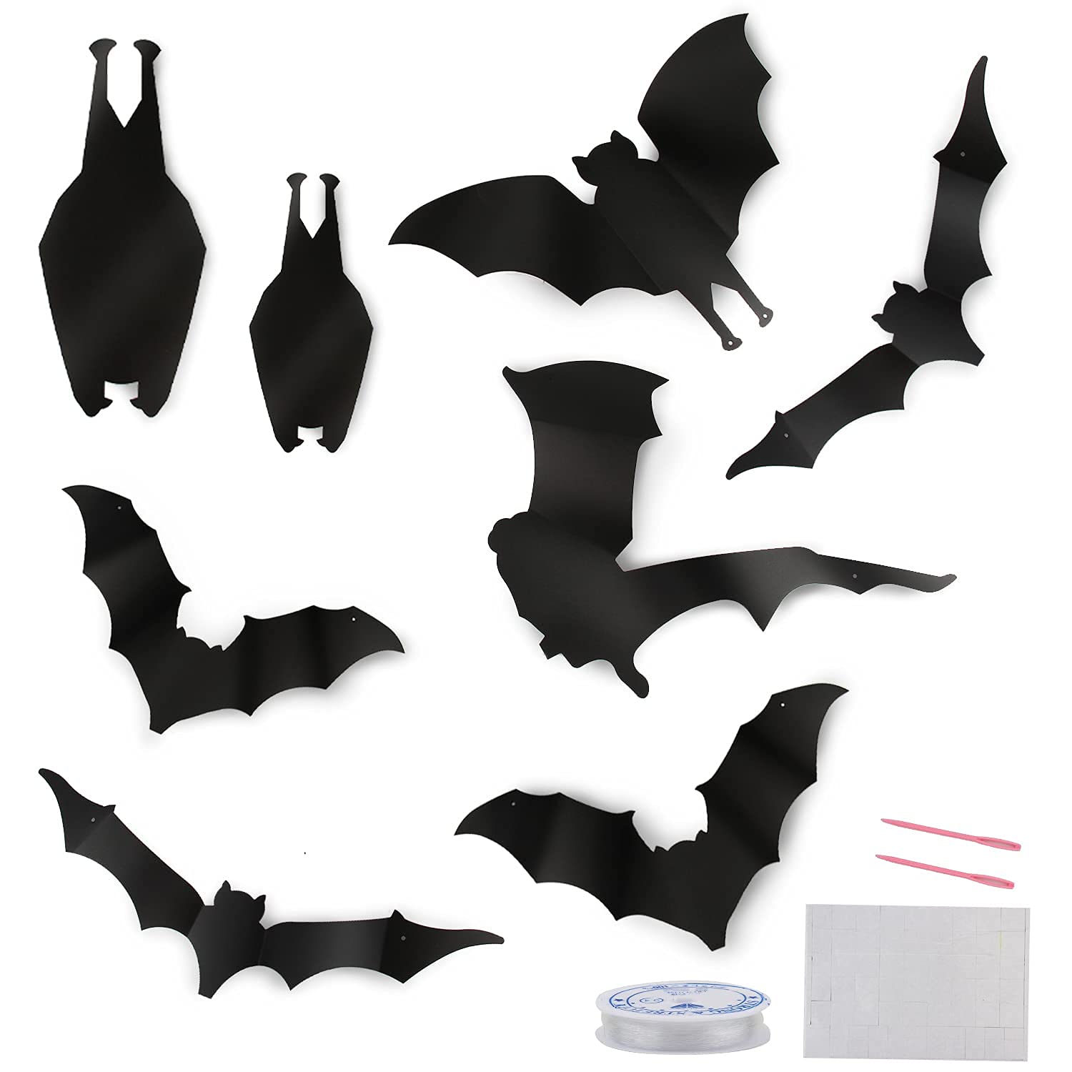 KIMOBER 24pcs Halloween Bats Wall Decor, Black Large Hanging Bat Decoration Stickers for Halloween Party Indoor&Outdoor Supplies