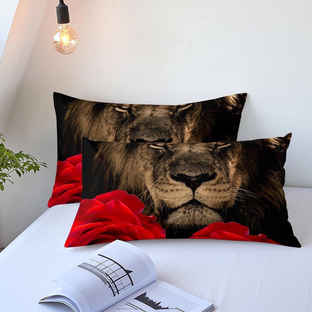 Lion Rose Comforter Set Queen Size, Wild Animals Comforter Bedding Set for Kids Girls Women, Romantic Floral Wildlife Print Comforter with 2 Pillowcases, 3Pcs Kids Bedroom Decor Bed Set