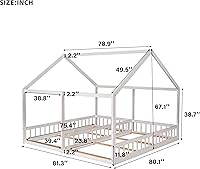 Vista 2 de Harper & Bright Designs Montessori - Cama doble individual, cama de suelo con rieles y techo, plataforma de madera maciza para niños, adolescentes
