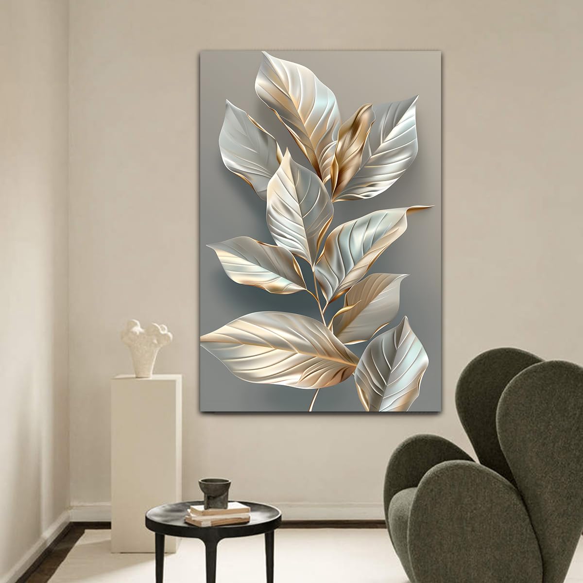 TOANGWALL Hojas de plata doradas Arte mural de lienzo Elegantes grabados botánicos Mural de naturaleza Cartel contemporáneo de hojas Pintura para la decoración interior del dormitorio 65x110cm