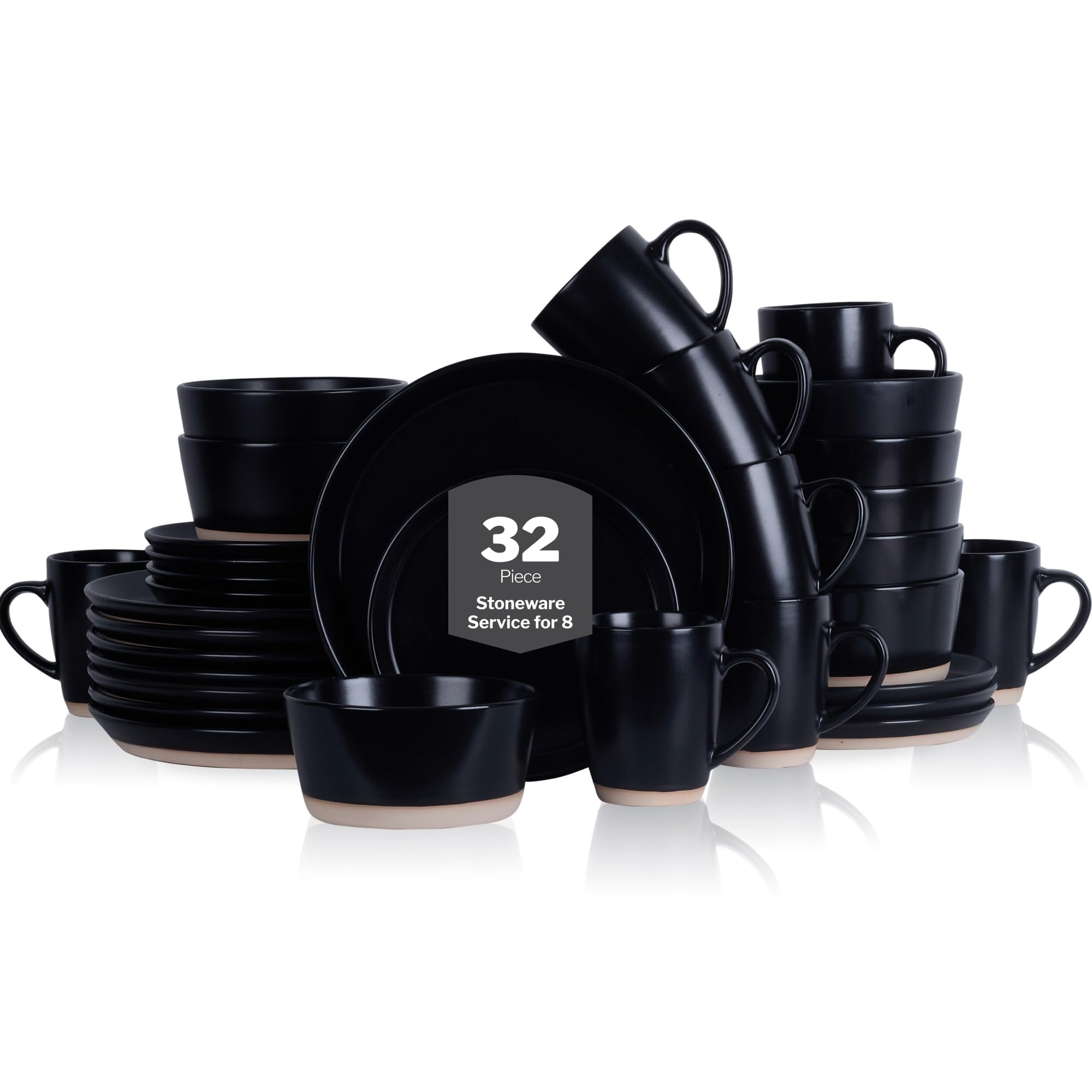 Stone Lain Jules Stoneware 32-Piece Modern Dinnerware Set, Plates and Bowls, Service for 8, Black, Microwave &amp; Dishwasher Safe