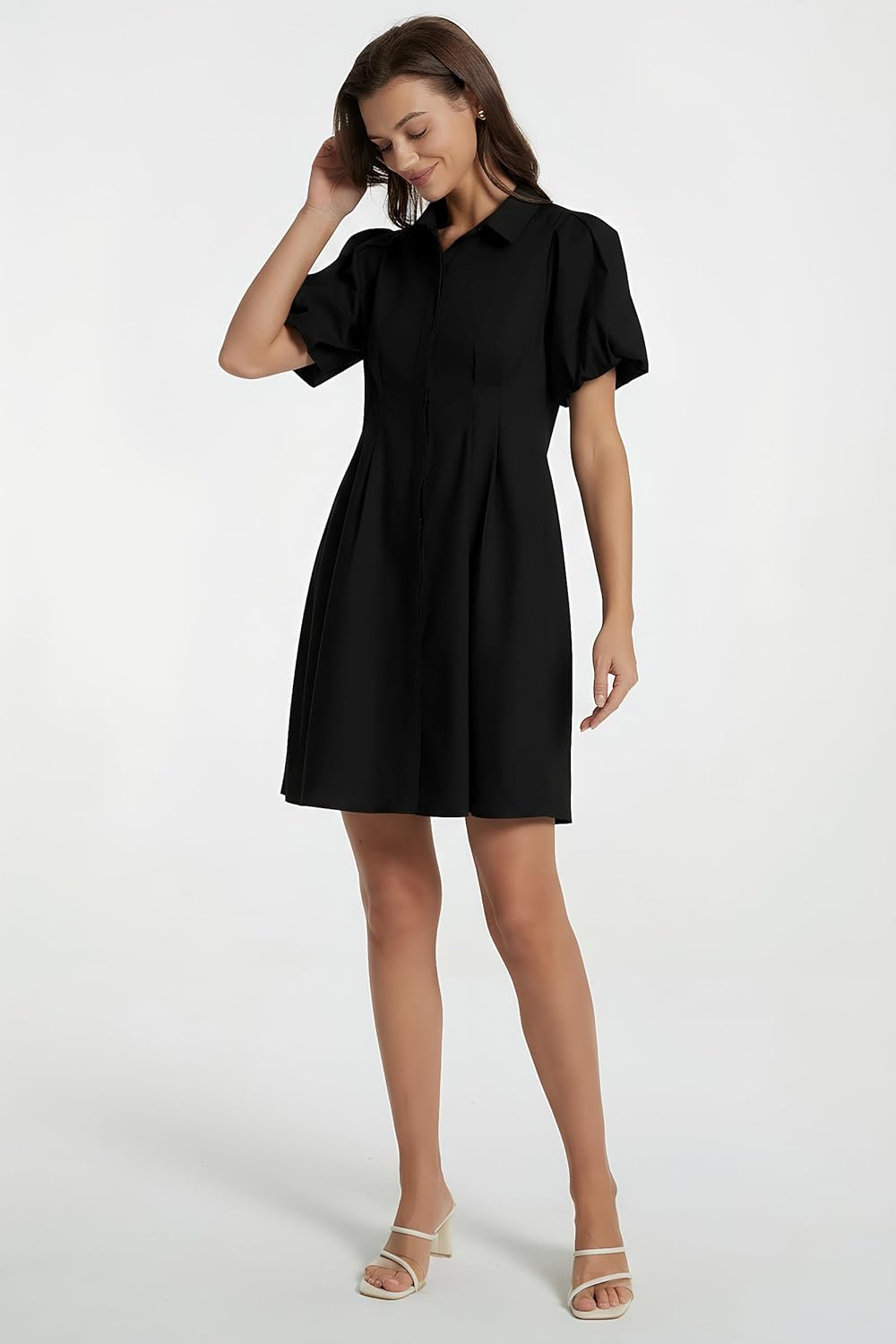 D-Sun Women's Short Puff Sleeve Shirt Dress Button Down Pleated Mini Dress Casual Short Dresses - Image 6