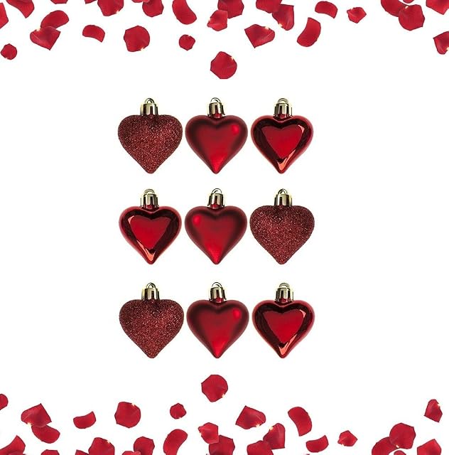 Pack of 9 Red Love Heart Baubles - Valentines Day Hanging Decoration - Shiny Matt and Glitter